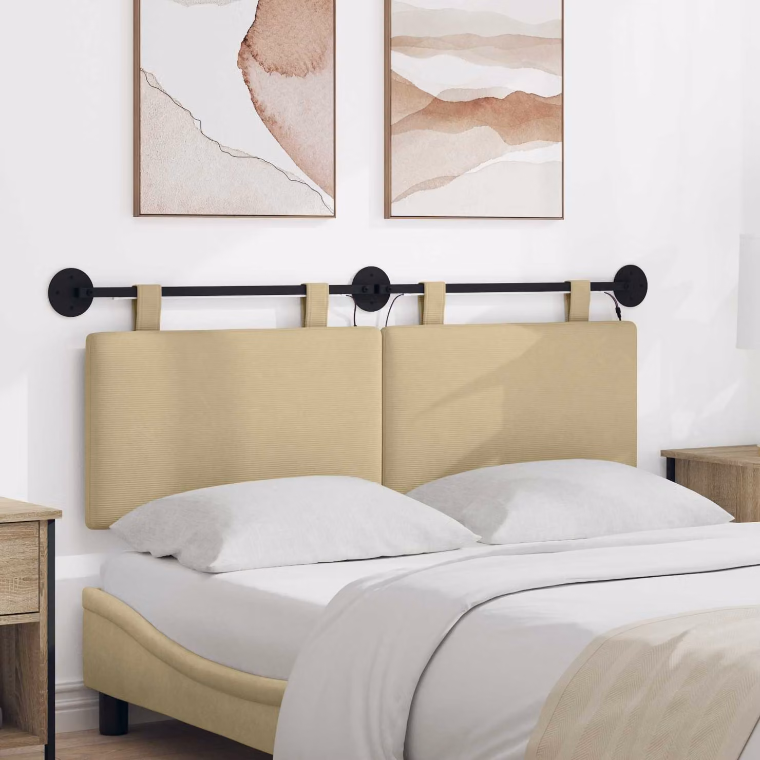 Testiera sospesa vidaXL in tessuto corda con illuminazione integrata, Grigio Verde Chiaro, L: 130 cm, H: 55 cm, P: 6 cm