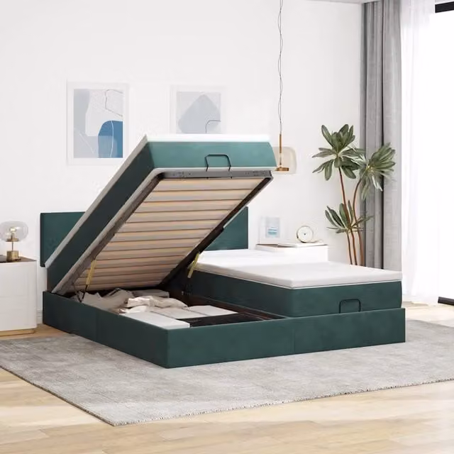 Letto con contenitore a sollevamento vidaXL in velluto verde e bianco con materasso L/P: 180 x 200 cm