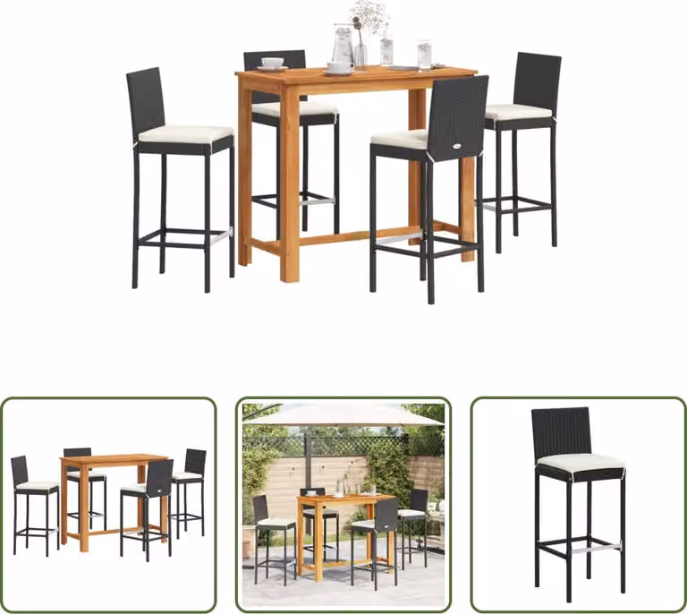 The Living Store Set bar da giardino 5 pezzi in legno massiccio nero di acacia e poly rattan