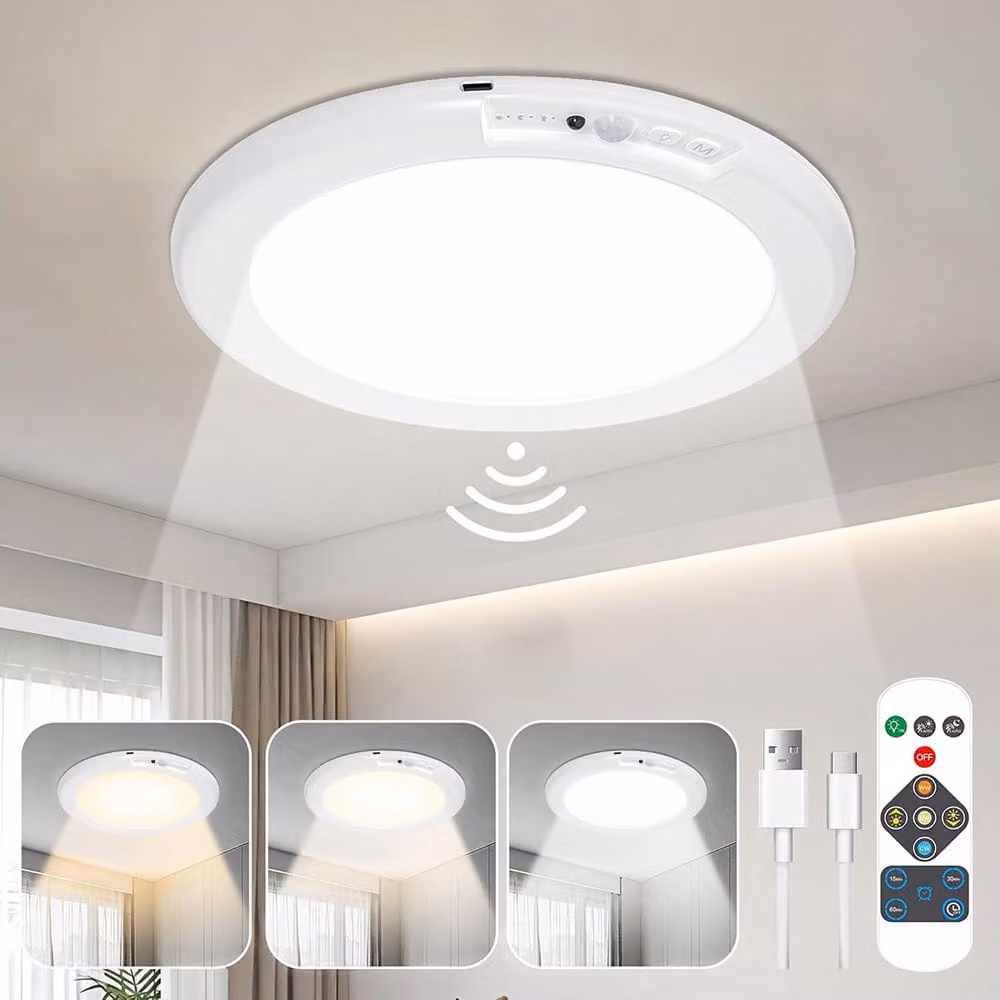 Plafoniera LED ricaricabile con rilevatore di movimento e telecomando 3 temperature di colore Plafoniera dimmerabile per guardaroba, scale, corridoio, cantina