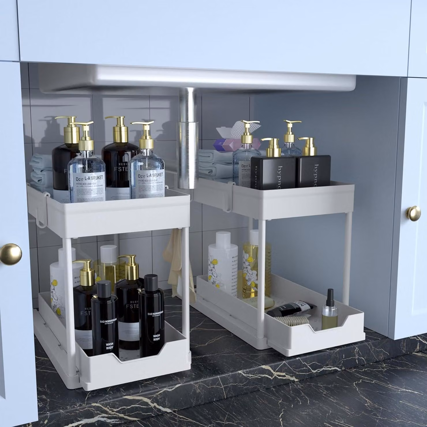 Organizzatore per cucina, ripiano da posizionare sotto il lavandino con 4 ganci, colore bianco, dimensioni 39x21x33 cm