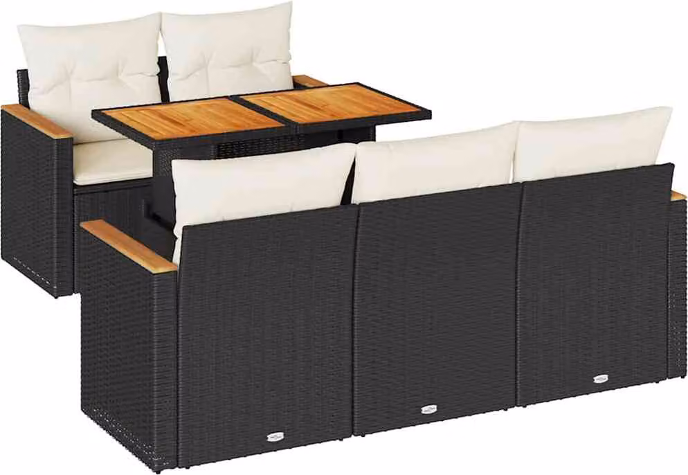 Set Divano da Giardino 6 pz con Cuscini Nero Polyrattan Acacia