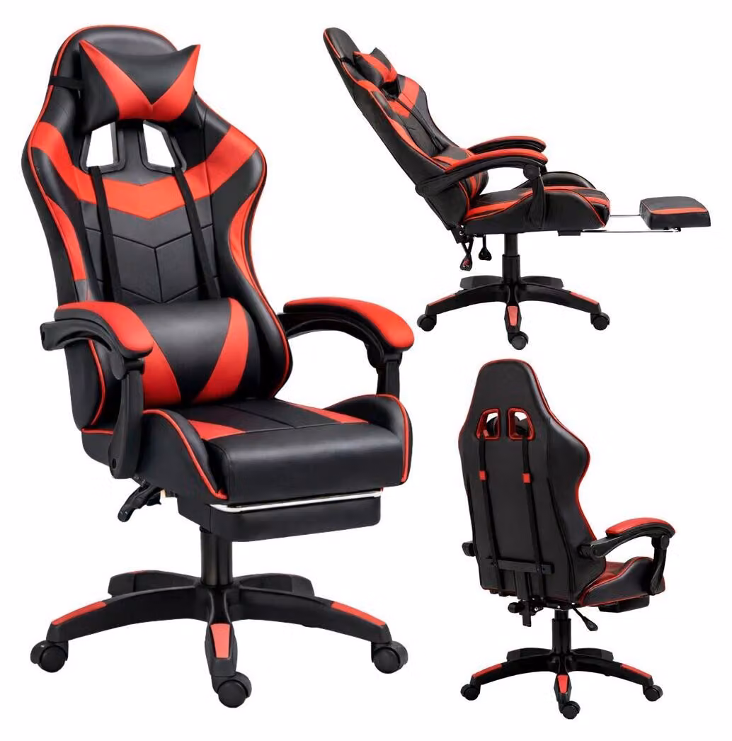 Sedia da gaming girevole con poggiapiedi, nera e rossa