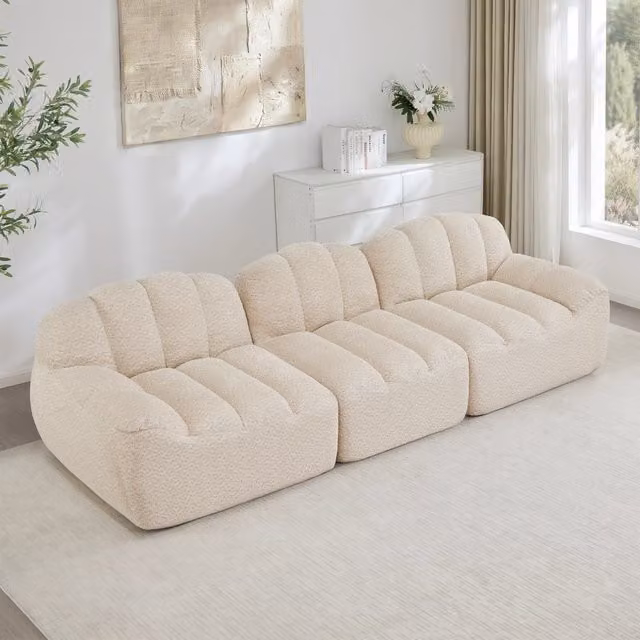 Divano Modulare 3 Posti ¨C MINIMAL ¨C Tessuto Morbido, Beige, Seduta Profonda