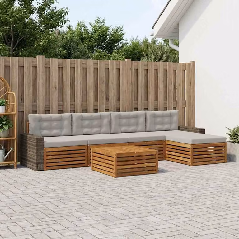 Set di divani da esterno vidaXL a forma di L in legno di acacia con tavolino e pouf, beige e grigio