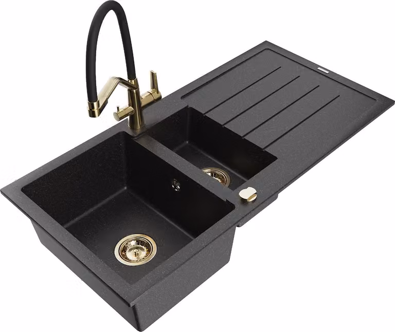 Mexen Andres lavello da cucina in granito a 1,5 vasche con scolapiatti e rubinetto Duo, nero/argento - 6515-73-671701-57-G