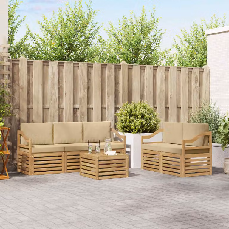 Set di divani da esterno vidaXL a forma di L con tavolino da caffè, composto da 6 pezzi in legno di acacia e tessuto bianco e beige
