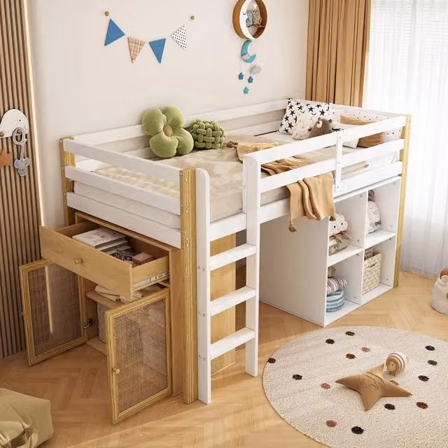 Letto a soppalco per bambini ¨C Minimal ¨C Naturale e bianco, 90x200 cm, con armadi di contenimento e scala