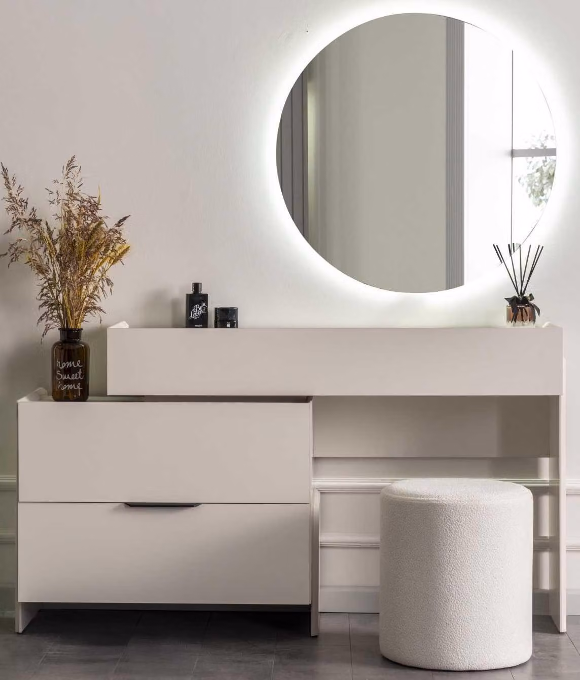 Toeletta con specchio e sgabello, stile moderno, colore beige, nuovo, comodo, in vetro
