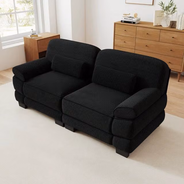 Divano modulare a 2 posti in velluto a coste nero; 194 x 88;5 x 94 cm