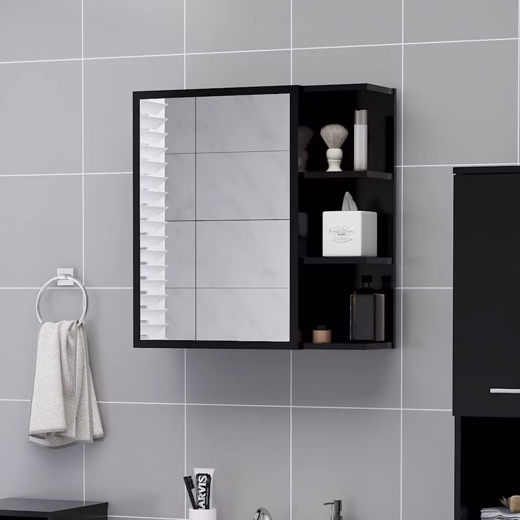 Mobiletto da bagno con specchio vidaXL nero in legno e MDF, L 62,5 cm x P 20,5 cm x H 64 cm