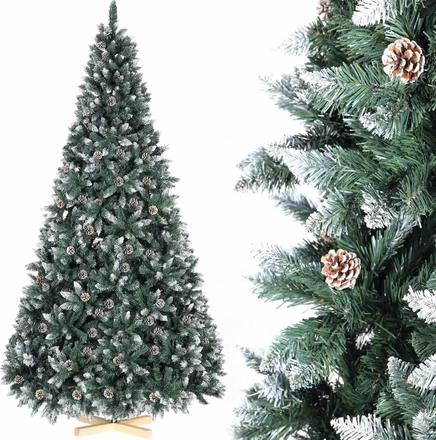 Albero di Natale - Abete canadese artificiale - Con pigne, spolverato di neve - Denso e voluminoso - PVC+PE - 150/180/210/240/270 cm - Verde