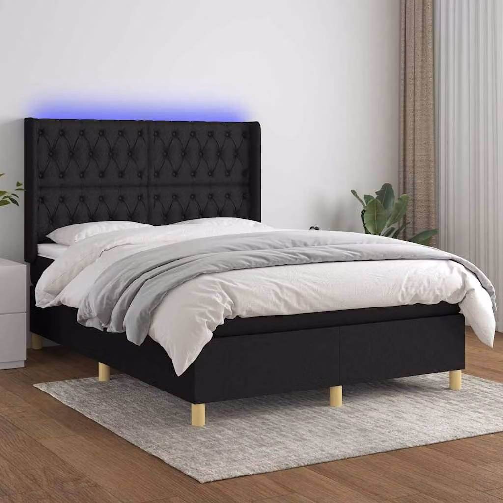 vidaXL Letto a Molle con Materasso e Illuminazione LED Nero in Tessuto L/P/H: 200 x 140 x 128 cm – 1