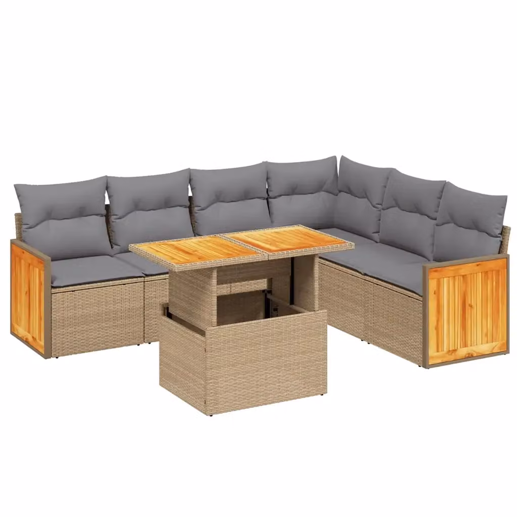 vidaXL Set Divani da Giardino 7 pz a Forma L in Polyrattan con Cuscini Beige e Tavolino da Esterno – 2