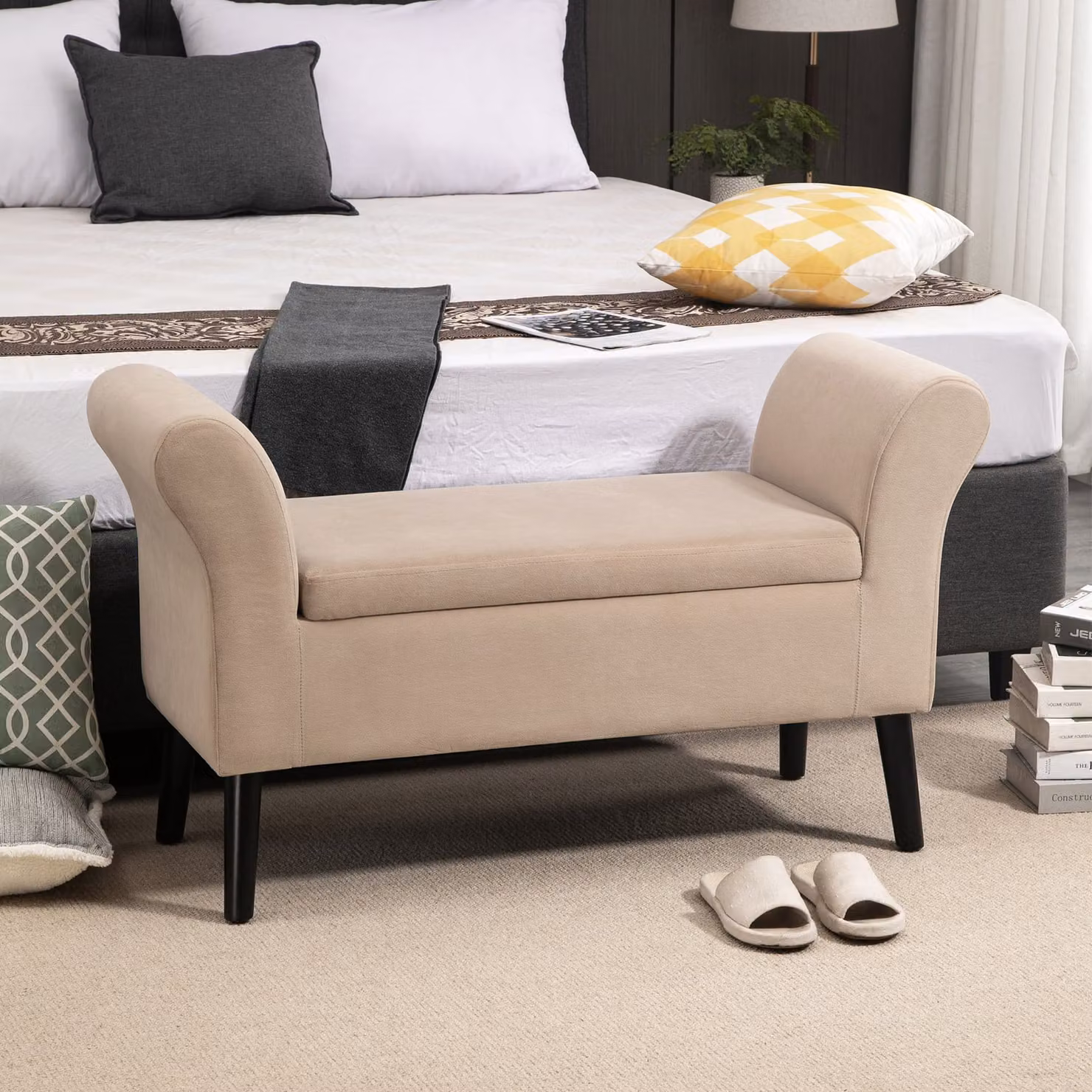 Panca imbottita con contenitore e braccioli HOMCOM in poliestere effetto velluto, Beige, L: 111,5 cm, P: 41 cm, H: 65 cm – 2