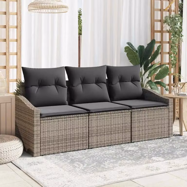 Set Divano da Giardino Moderno vidaXL in Polyrattan Grigio con Cuscini e Struttura in Acciaio Verniciato a Polvere, 3 Pezzi