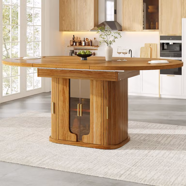 Tavolo da pranzo allungabile Flieks, fino a 6 posti, tavolo da cucina 118-158 x 118 x 77 cm, tavolo da pranzo con ante in vetro, noce