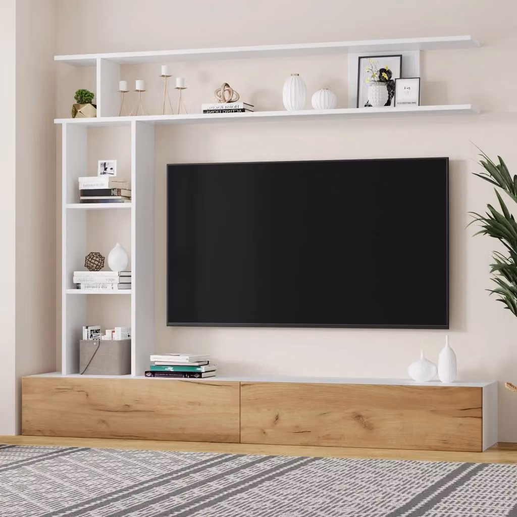Set di mobili da soggiorno Mivray moderno in MDF bianco e marrone con scomparti multimediali – 2