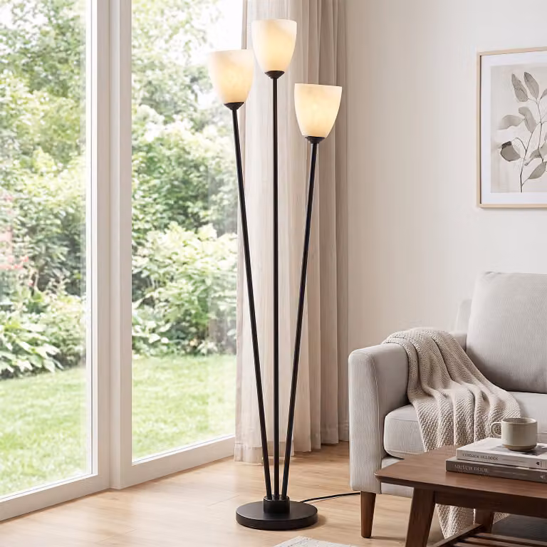 Costway Lampada da terra moderna con 3 paralumi a cono in acrilico bianco e trasparente, base in metallo nero e interruttore a pedale, ideale per soggiorno e camera da letto, Altezza: 153 cm