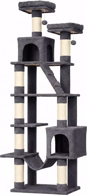 Albero tiragraffi multilivello PawHut per gatti con 2 cucce, amaca, 2 letti e pali in sisal, grigio scuro, Altezza: 204 cm – 1