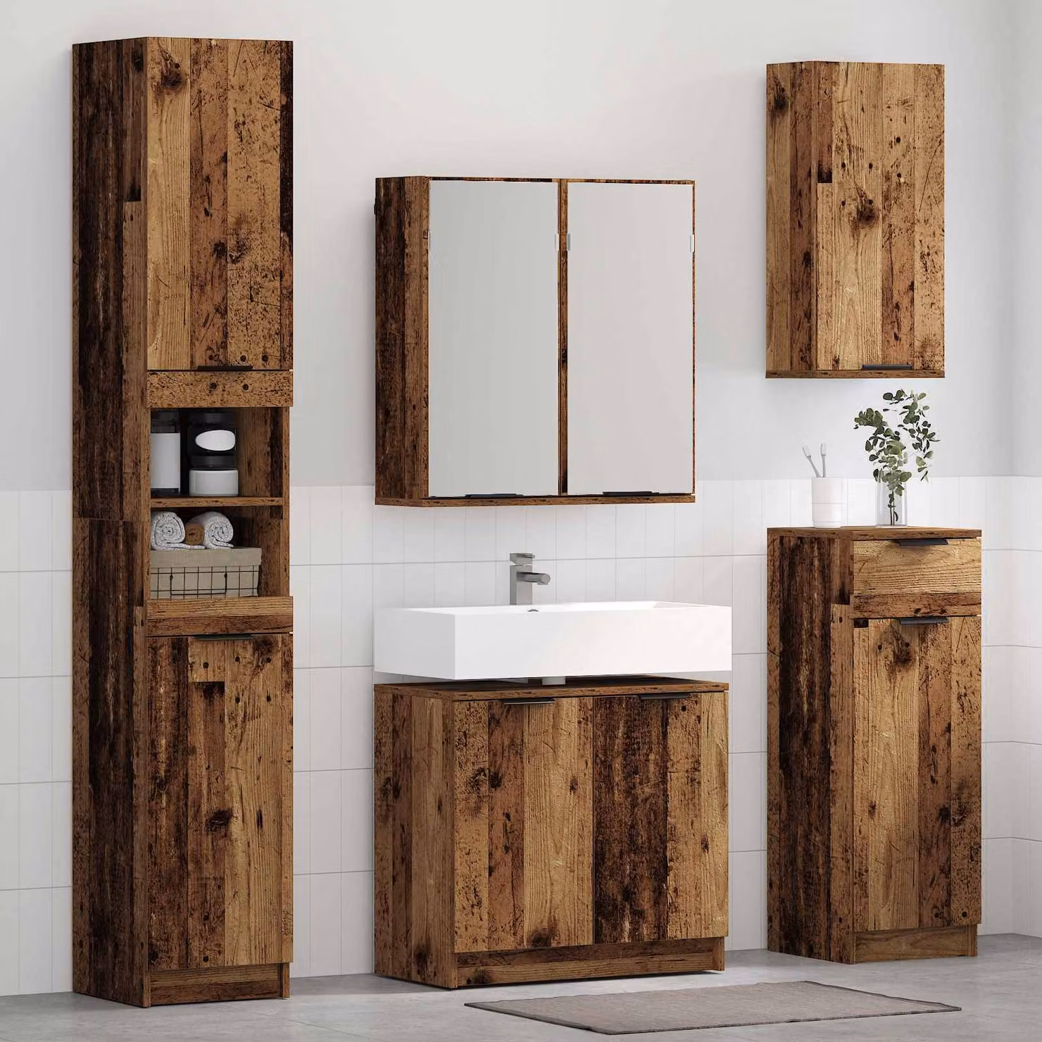 Set di mobili da bagno moderno vidaXL in legno vecchio marrone composto da 5 pezzi con mobile lavabo, armadietto con specchio e pensili a parete