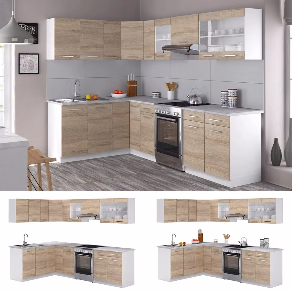 Cucina ad angolo moderna Vicco in legno con ante e cassetti, finitura opaca, colori bianco beige e grigio, L/P/H: 267 x 167 x 81,6 cm – 2