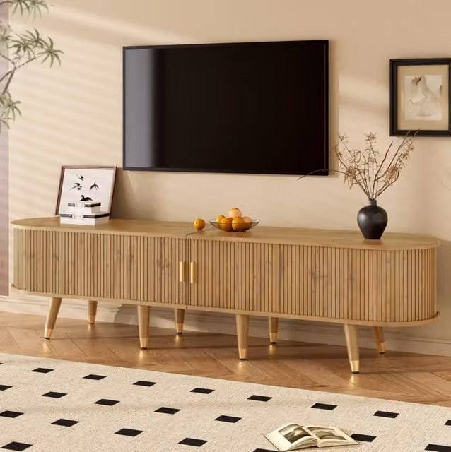 Mobile TV in MDF con anta scorrevole; cassetti e vani aperti; 175 x 38 x 45 cm; effetto legno