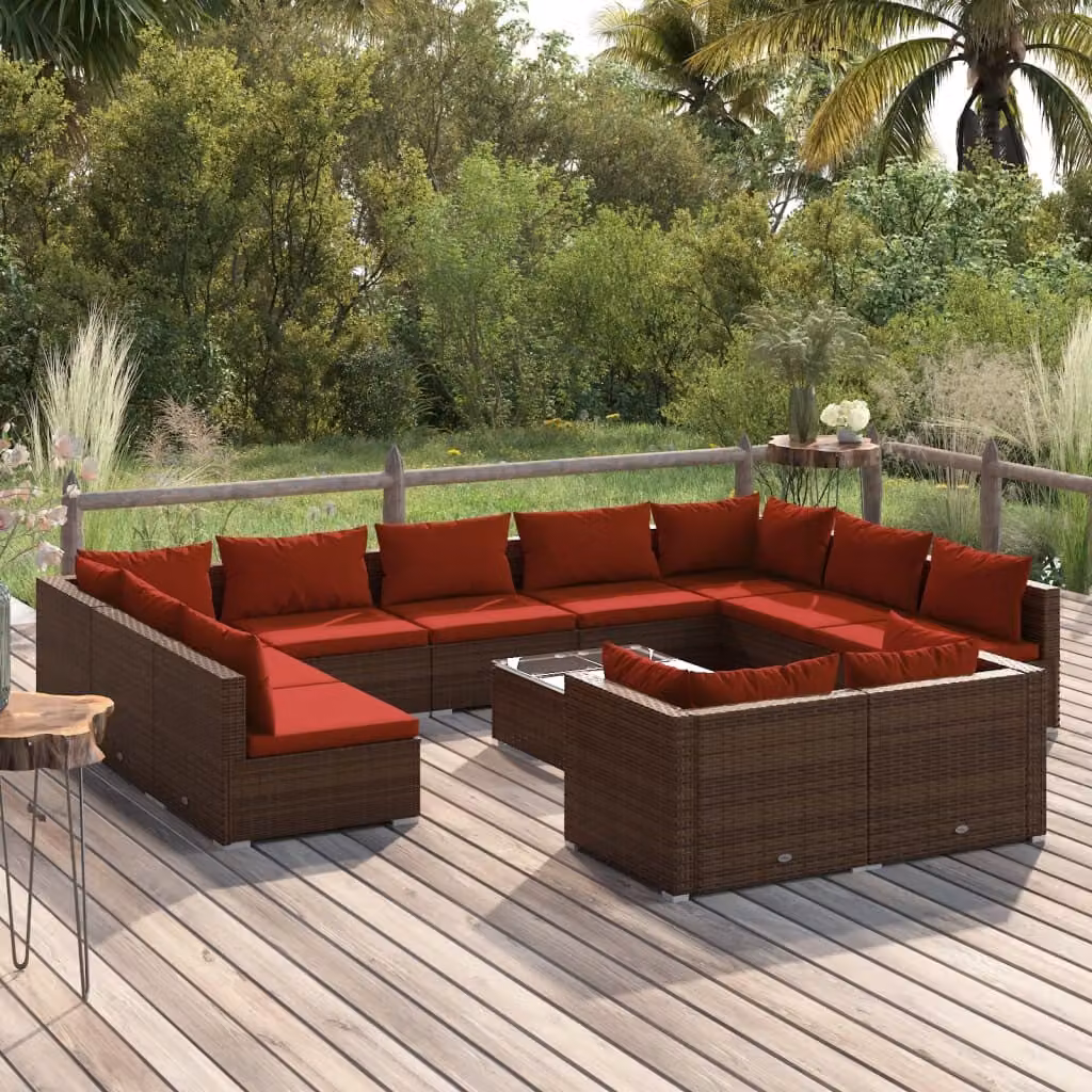 The Living Store Set salotto da giardino 12 pezzi con cuscini in poly rattan marrone