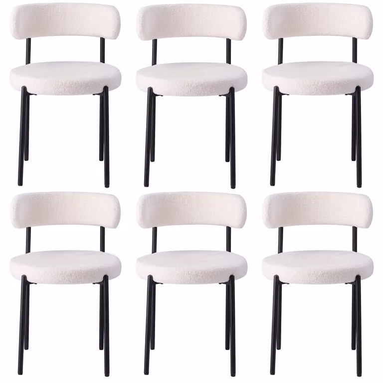 Set di 6 sedie da pranzo - Sedia imbottita in stile mid-century - Schienale curvo - Seduta rotonda - Gambe in metallo - Adatte per sala da pranzo e soggiorno - Bianco