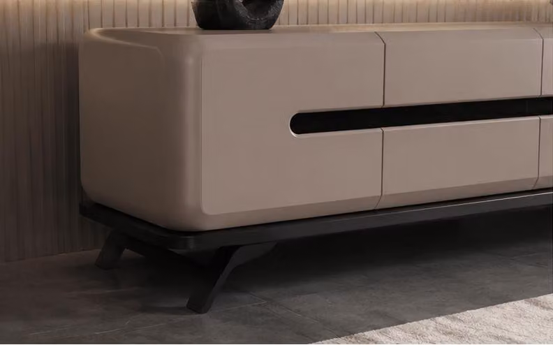 Mobile TV moderno beige, tavolino da caffè, divano, legno e metallo