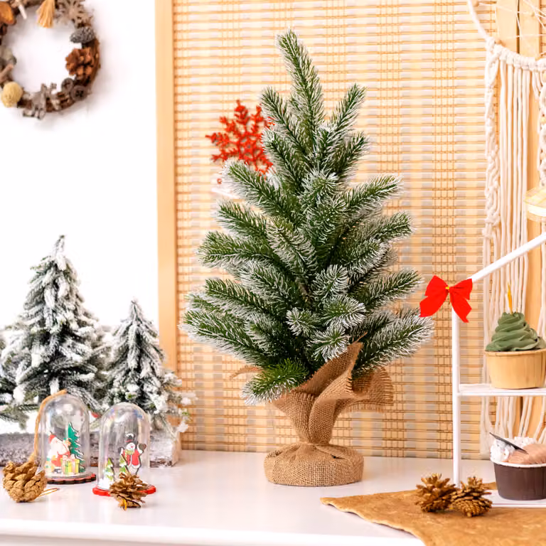 COSTWAY 50cm Piccolo albero di Natale con neve, mini albero di Natale con 55 rami e base, albero di Natale artificiale da tavolo per l'ufficio di casa