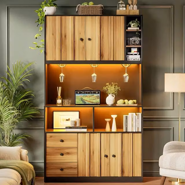 Mobile colonna da cucina Mivray con vetrina e illuminazione integrata, finitura opaca nero e marrone, L/P/H: 100 x 40 x 180 cm
