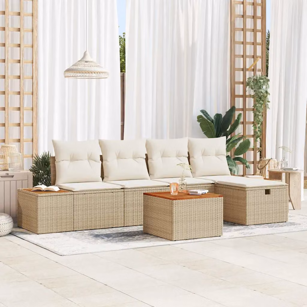 Set Divano da Giardino a L vidaXL 6 Pezzi Beige con Cuscini e Tavolino in Polyrattan e Metallo