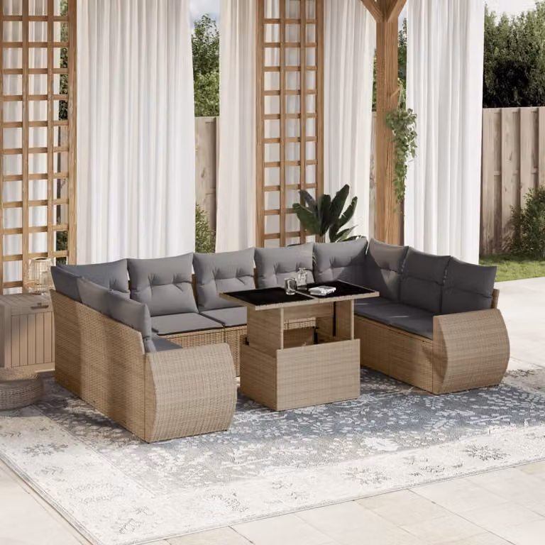 Set Divano da Giardino vidaXL 10 pz a Forma a L con Cuscini Beige e Grigio in Polyrattan e Acciaio