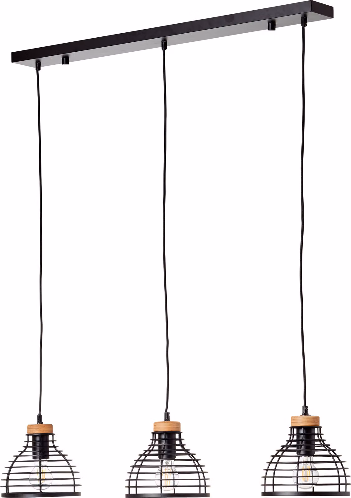 BRILLANTE lampada a sospensione moderna AVIA | Lampada a sospensione a tre fiamme con paralume nero con dettagli in legno sostenibile Ø 47 cm| 3x presa E27 max. 52 W | metallo/legno