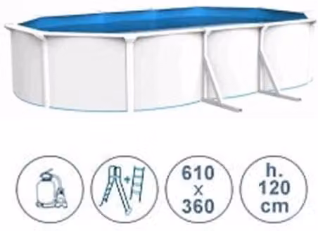 Piscina fuori terra ovale in acciaio WHITE POOL bianca e blu L: 610 cm, P: 360 cm, H: 120 cm