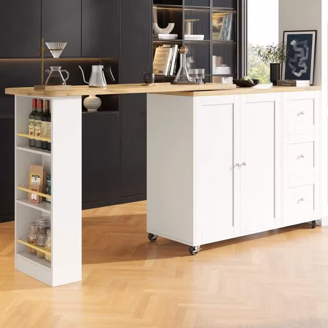 Mobile bar girevole OKWISH bianco con 3 cassetti, 2 ante e ripiano snack su ruote in MDF e metallo, L/P/H: 104.0 x 55.0 x 60.0 cm