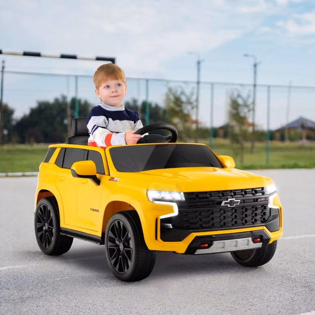 Chevrolet SUV elettrica 12V per bambini con telecomando 2,4G, sospensioni a molla, luci e musica, Giallo – 2