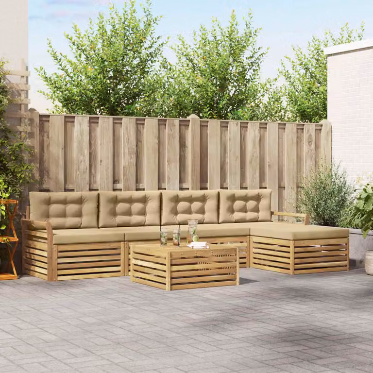 Set di divani da esterno vidaXL a forma di L composto da 6 pezzi con tavolino e pouf, struttura in legno di acacia e cuscini in tessuto bianco, beige e marrone