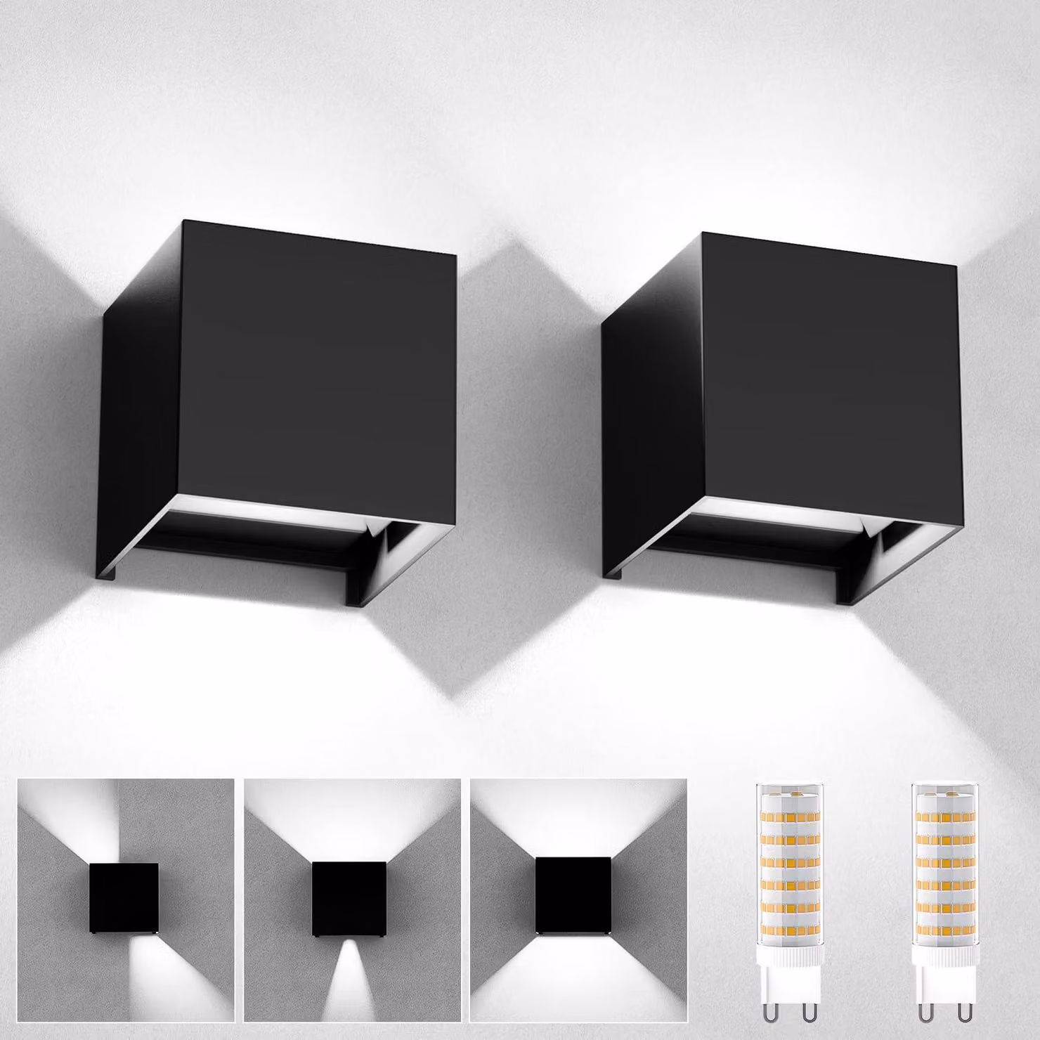 2 applique da parete, per interni/esterni, attacco G9, tecnologia LED, grado di protezione IP65, luce bianca fredda (6000K), alluminio, colore nero