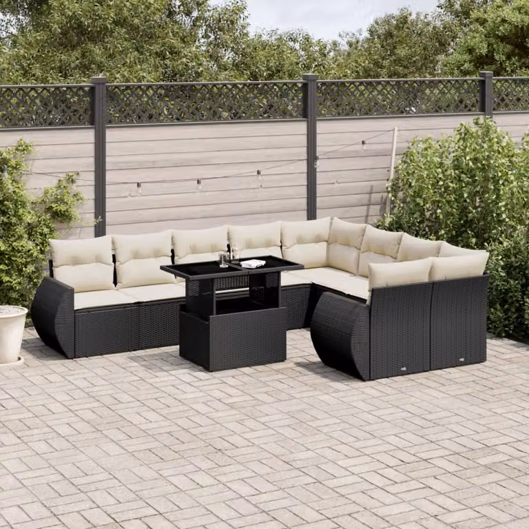 Set di Divani da Giardino vidaXL 10 Pezzi con Cuscini, Design a L e Tavolino, Polyrattan Nero e Struttura in Acciaio