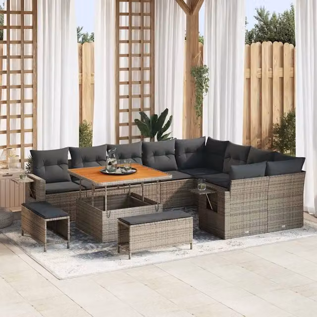 Set Divano da Giardino vidaXL a forma a U in Polyrattan Grigio con Cuscini e Tavolino – 1