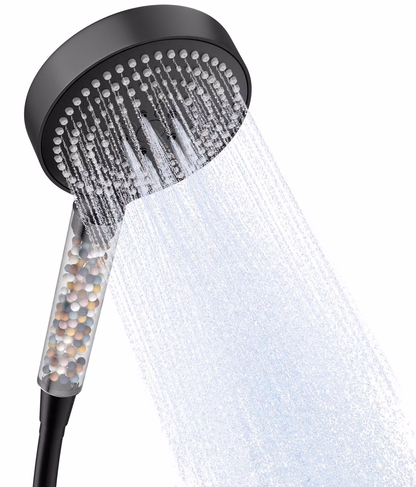 OFFO, soffione doccia filtrato, 6 getti, grande, a risparmio idrico, con tubo da 1,6 metri, maniglia trasparente con copertura nera, finitura nera opaca