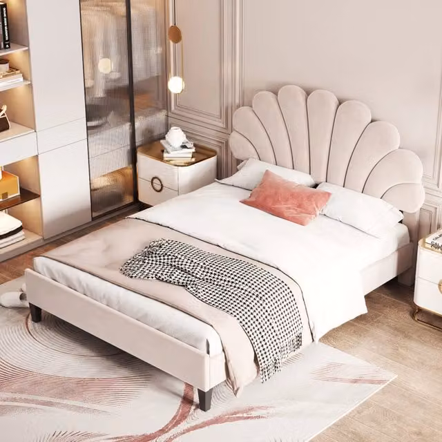 Letto Imbottito REDOM in Velluto Beige con Testiera Floreale L/P/H: 140 x 200 cm – 1