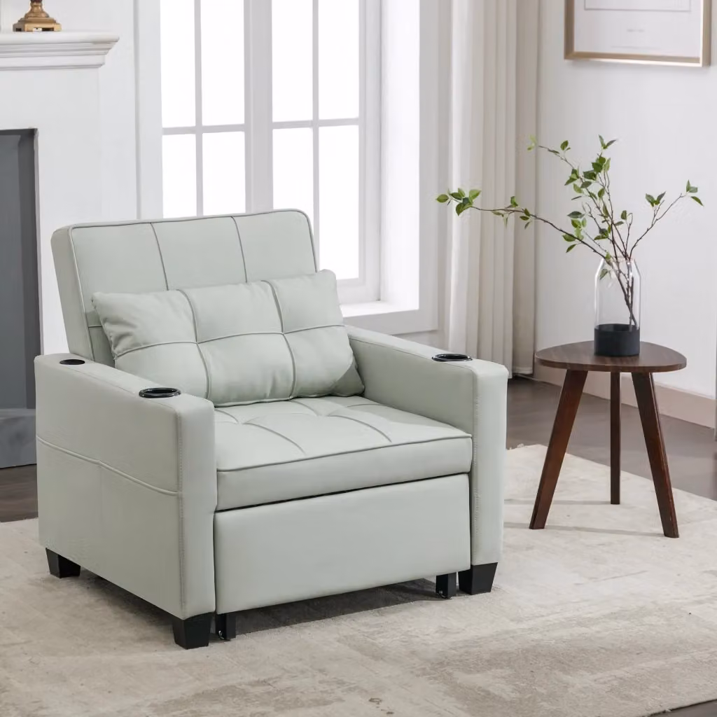 Poltrona letto estraibile 3 in 1 reclinabile MIVRAY in similpelle grigia con struttura in legno e metallo e portabicchieri – 2