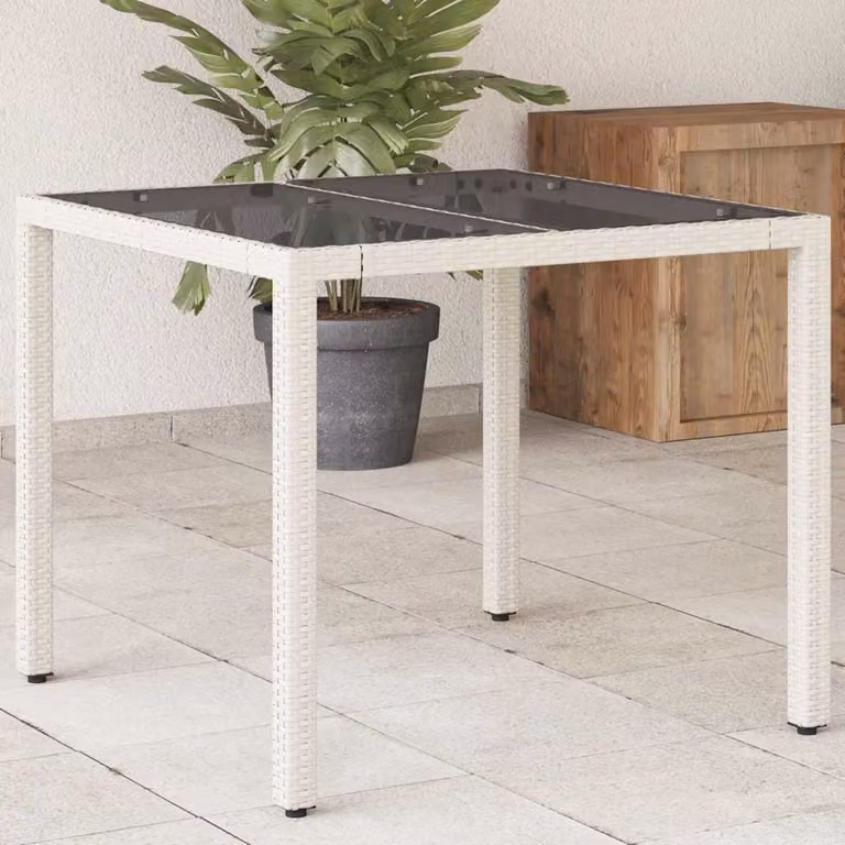 vidaXL Tavolo da giardino quadrato in polyrattan bianco con piano in vetro L 90 x P 90 x H 75 cm