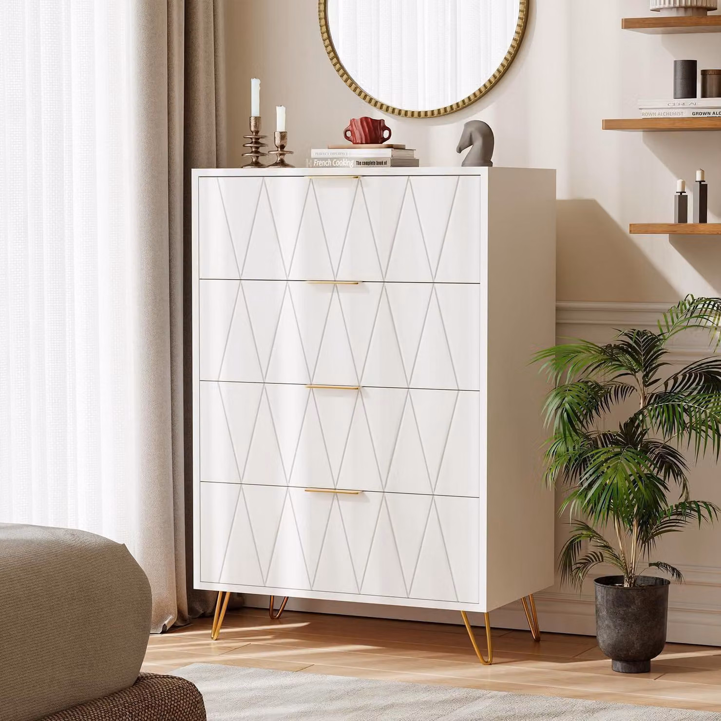 Comodino con 4 cassetti, dimensioni 60x34x90 cm, colore bianco