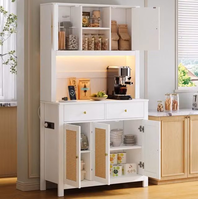 Mobile alto da cucina in MDF con 5 ante in rattan, 2 cassetti, illuminazione LED RGB e prese integrate, 100x40x180 cm