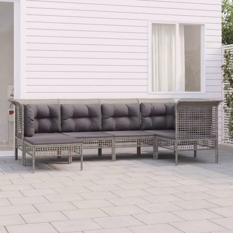 The Living Store Set da giardino da 6 pezzi con cuscini in poly rattan grigio