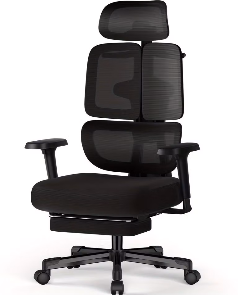 Sedia da ufficio ergonomica con altezza regolabile, braccioli, supporto lombare e poggiapiedi, colore nero